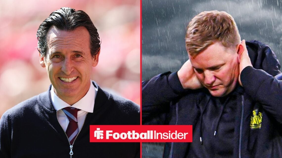 Aston Villa manager Unai Emery smiles on the touchline, as Newcastle boss Eddie Howe has his hands on his head on the other side of a split image.