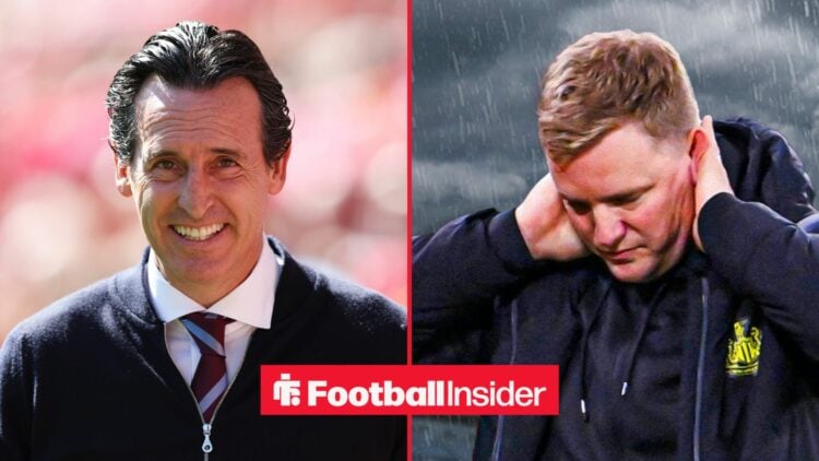 Aston Villa manager Unai Emery smiles on the touchline, as Newcastle boss Eddie Howe has his hands on his head on the other side of a split image.