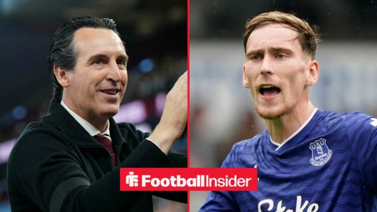 Unai Emery on the sidelines at Aston Villa, with James Garner in a circular inset