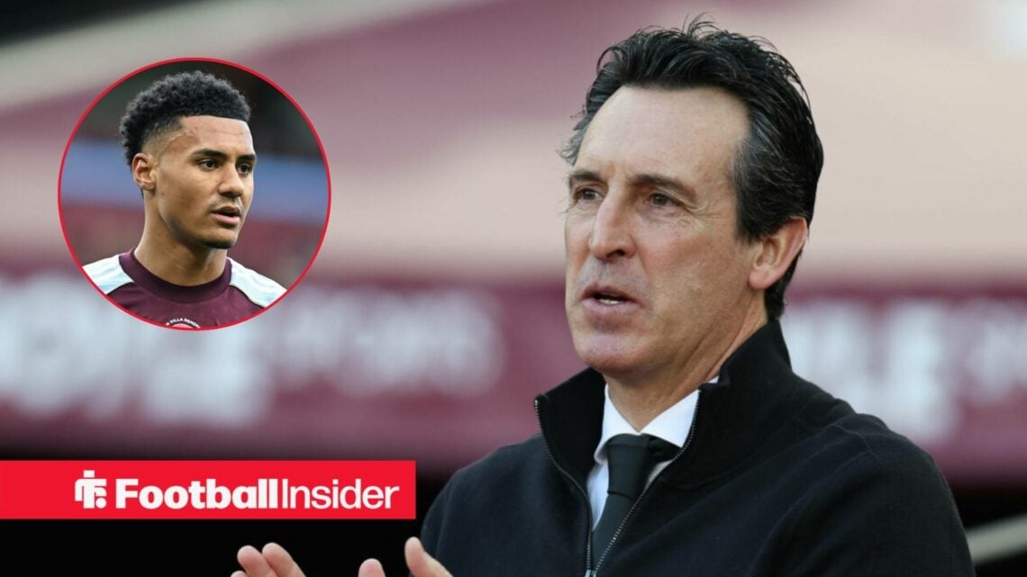 Unai Emery on the sidelines at Aston Villa, with Ollie Watkins in a circular inset