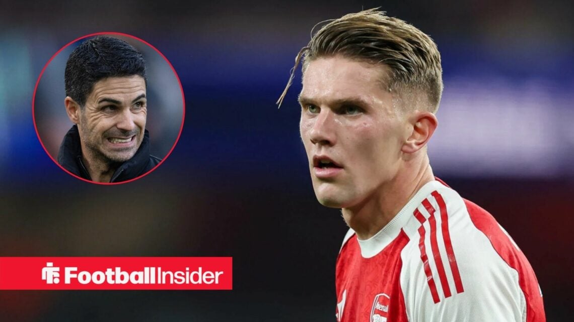 Arsenal striker Viktor Gyokeres in action during a game, as manager Mikel Arteta looks concerned in a circular inset.