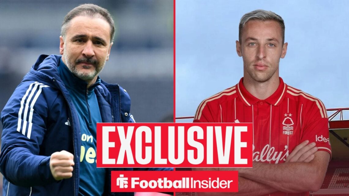 Football Insider exclusive as Nottingham Forest manager Vitor Pereira punches the air, while Davide Frattesi stands in a Forest shirt on the other ...