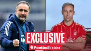 Football Insider exclusive as Nottingham Forest manager Vitor Pereira punches the air, while Davide Frattesi stands in a Forest shirt on the other side of a split image.