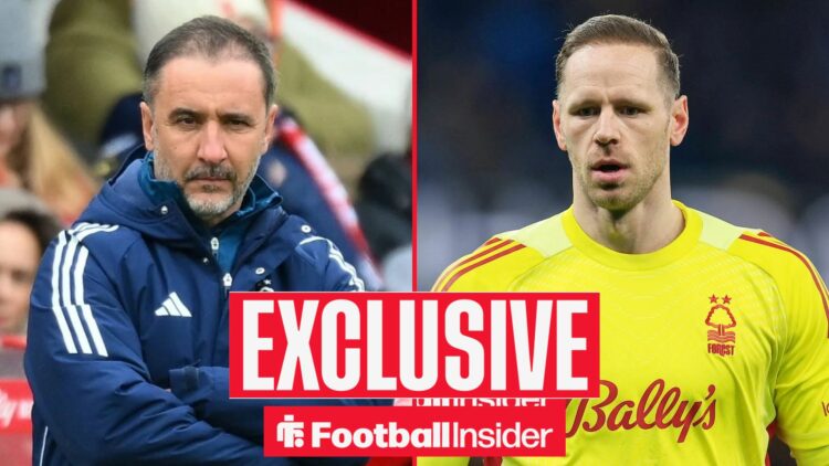Football Insider exclusive as Nottingham Forest manager Vitor Pereira stares across towards Matz Sels, who is in action during a game.