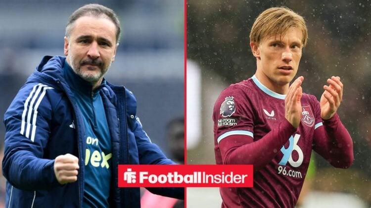 Nottingham Forest manager Vitor Pereira punches the air after a game, as Burnley striker Zian Flemming applauds while glancing back across a split ...