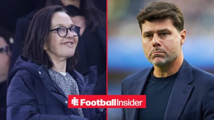 Tottenham board member Vivienne Lewis smiles across a split image towards Mauricio Pochettino, who looks frustrated.