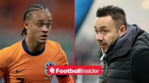 Xavi Simons in action during a game for the Netherlands, as Tottenham manager Roberto De Zerbi looks concerned on the other side of a split image.