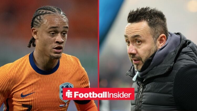 Xavi Simons in action during a game for the Netherlands, as Tottenham manager Roberto De Zerbi looks concerned on the other side of a split image.