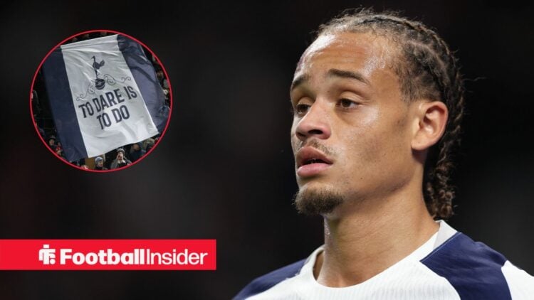 Tottenham midfielder Xavi Simons stares towards a giant Spurs flag, which features in a circular inset.