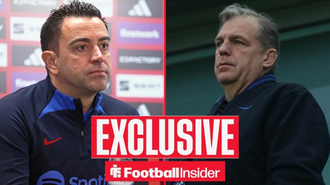 Football Insider exclusive as Xavi stares across a split image towards Chelsea owner Todd Boehly, who stands looking stern.