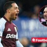 Youri Tielemans celebrates after a game for Aston Villa, as manager Unai Emery smiles in a circular inset.