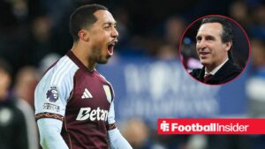 Youri Tielemans celebrates after a game for Aston Villa, as manager Unai Emery smiles in a circular inset.