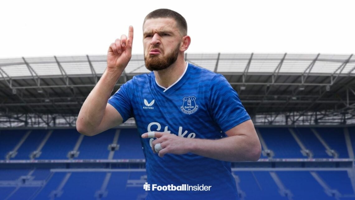 Zan Vipotnik celebrates a goal while wearing an Everton shirt at the Hill Dickinson Stadium.