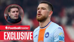 Football Insider exclusive as Swansea City striker Zan Vipotnik stares towards a circular inset, where Brighton manager Fabian Hurzeler watches on.