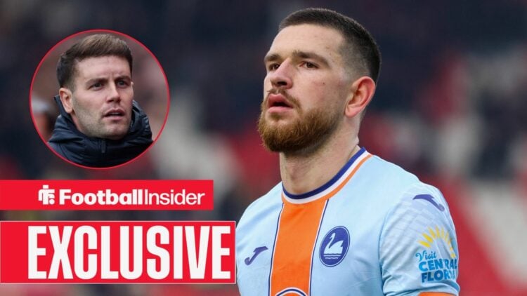 Football Insider exclusive as Swansea City striker Zan Vipotnik stares towards a circular inset, where Brighton manager Fabian Hurzeler watches on.