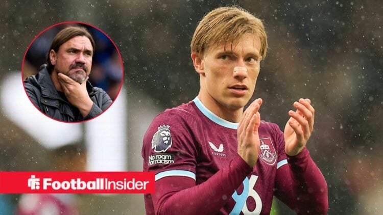 Burnley striker Zian Flemming applauds after a game, as Leeds manager Daniel Farke looks ponderous in a circular inset.