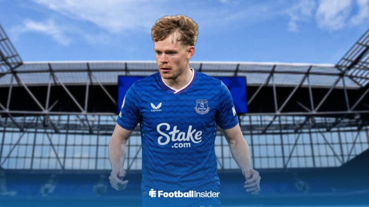 Brentford star Keane Lewis-Potter in an Everton kit at the Hill Dickinson Stadium