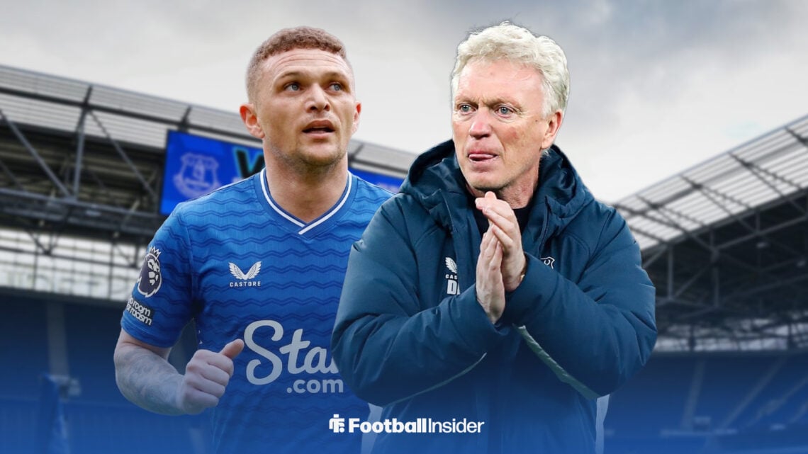 Kieran Trippier in action in an Everton shirt as David Moyes applauds.
