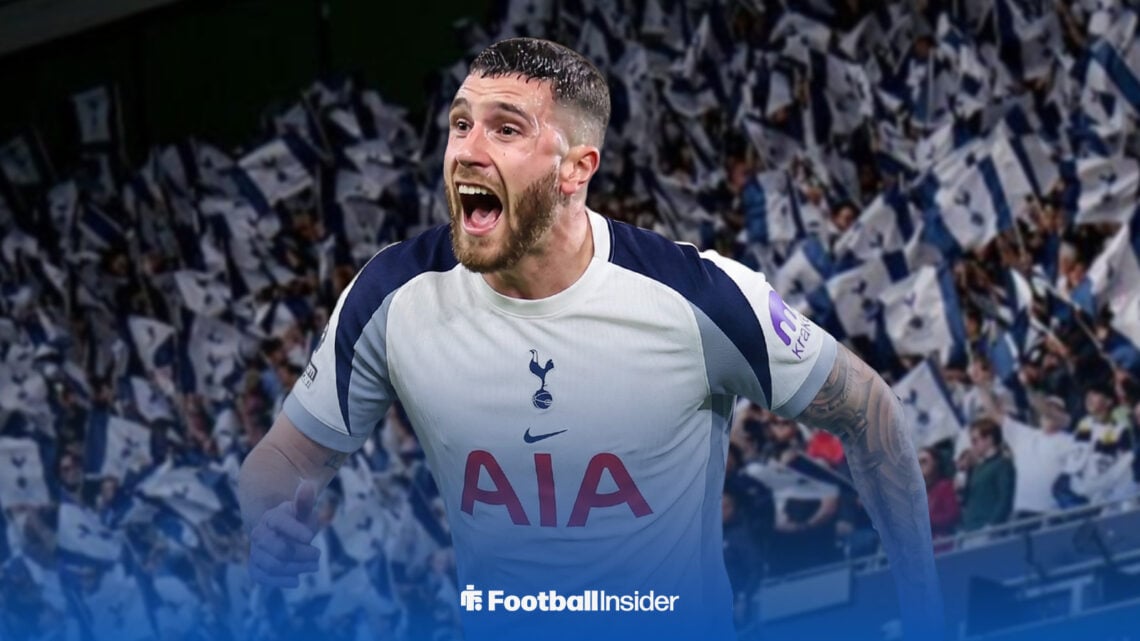 Bournemouth defender Marcos Senesi in a Tottenham shirt against a backdrop of the Tottenham Hotspur Stadium.