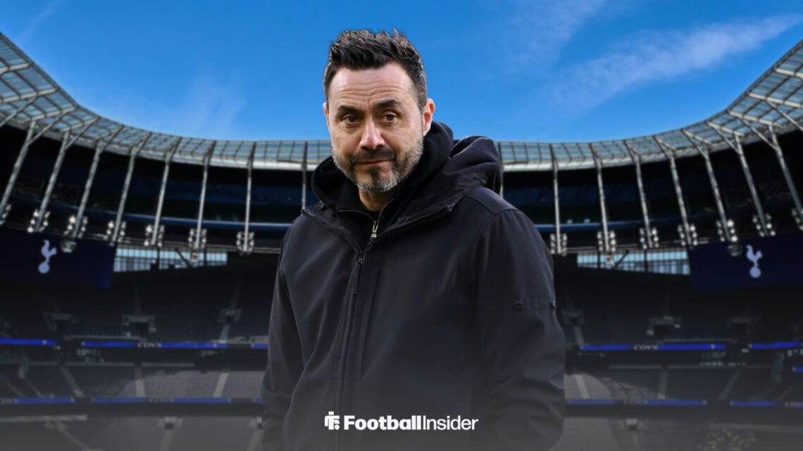 Roberto De Zerbi with the Tottenham Hotspur Stadium in the background.
