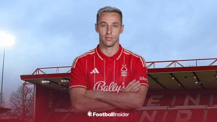Inter Milan midfielder Davide Frattesi stands at the City Ground wearing a Nottingham Forest shirt.