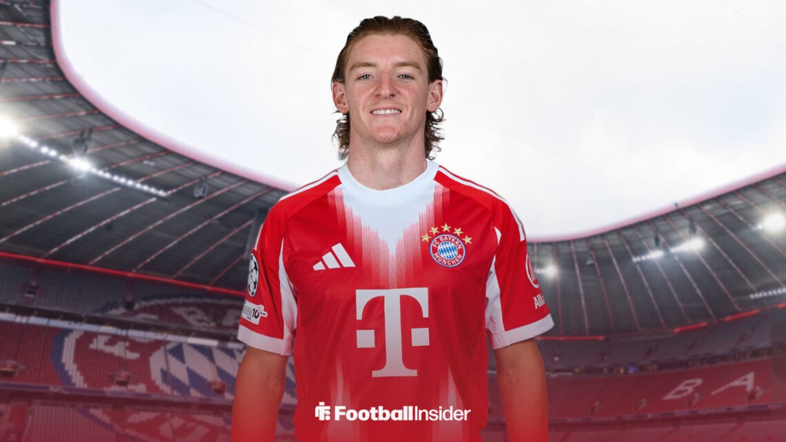 Newcastle forward Anthony Gordon in a Bayern Munich kit at the Allianz Arena.