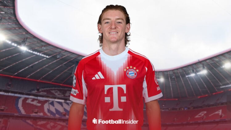 Newcastle forward Anthony Gordon in a Bayern Munich kit at the Allianz Arena.