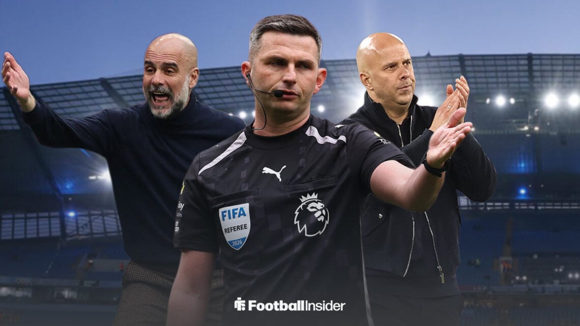 Premier League referee Michael Oliver surrounded by Liverpool manager Arne Slot and Man City manager Pep Guardiola