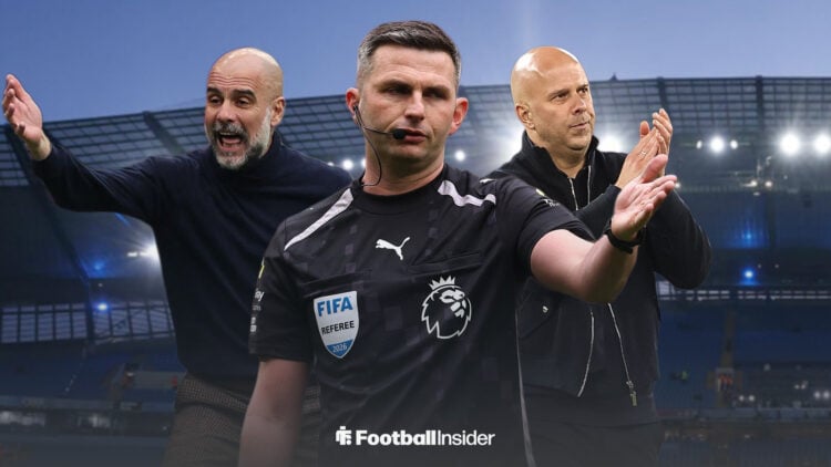 Premier League referee Michael Oliver surrounded by Liverpool manager Arne Slot and Man City manager Pep Guardiola