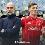 Pep Guardiola and Elliot Anderson standing in front of the Etihad Stadium, with cash falling