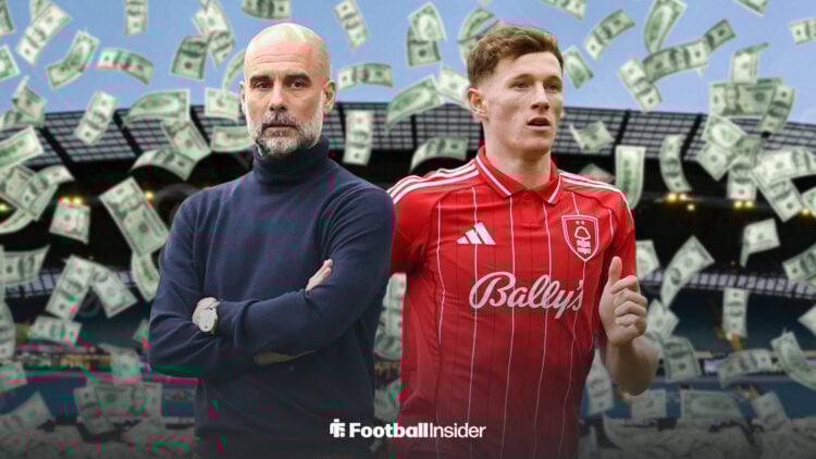 Pep Guardiola and Elliot Anderson standing in front of the Etihad Stadium, with cash falling