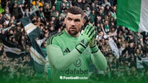 Goalkeeper Mathew Ryan applauds while wearing a Celtic shirt at Parkhead.