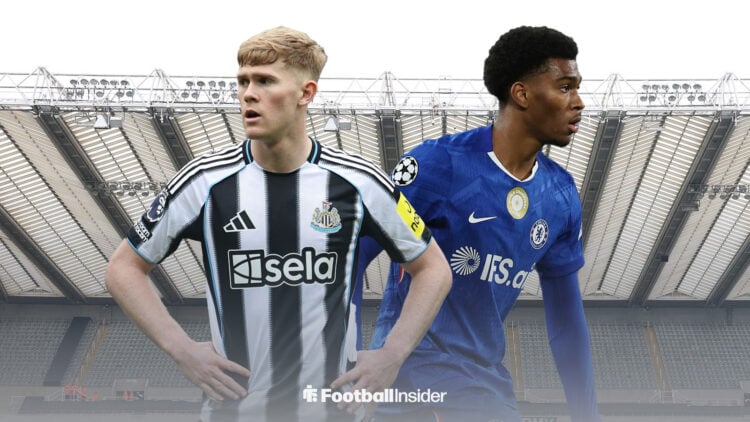 Newcastle United left-back Lewis Hall with Chelsea defender Josh Acheampong