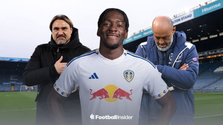 West Ham defender Axel Disasi in a Leeds United shirt with Daniel Farke and Nuno Espirito Santo behind