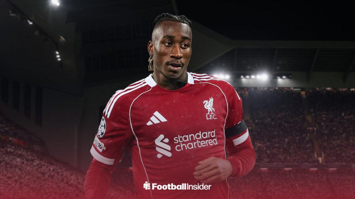 RB Leipzig forward Yan Diomande in a Liverpool shirt against a backdrop of Anfield.