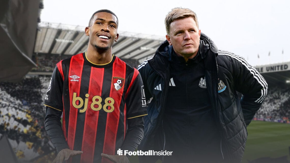 Bournemouth winger Rayan smiles with Newcastle manager Eddie Howe disappointed behind