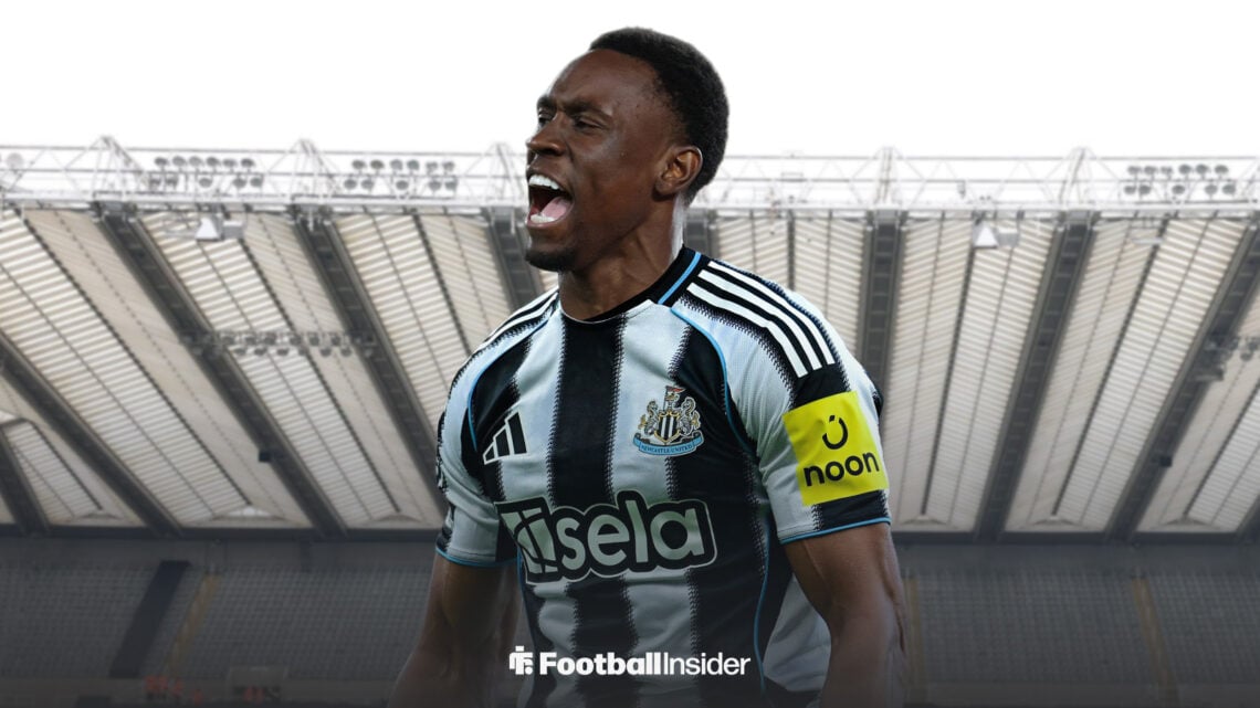 Monaco forward Folarin Balogun celebrates in a Newcastle shirt