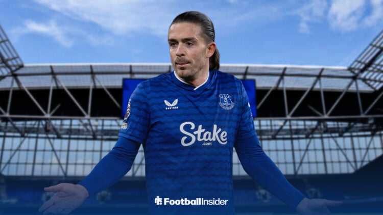 Jack Grealish in an Everton kit at Hill Dickinson Stadium.