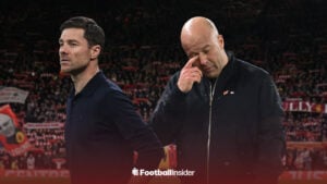 Liverpool manager Arne Slot looks downbeat with Xabi Alonso