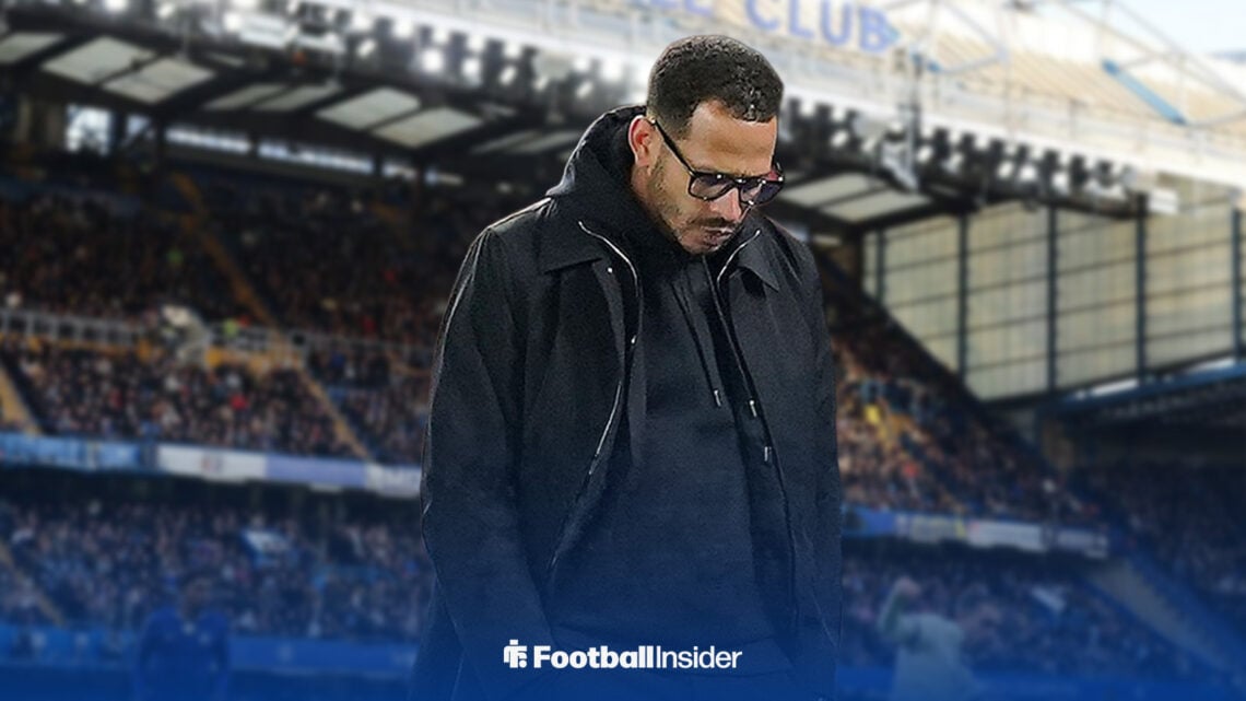 Liam Rosenior against a backdrop of Stamford Bridge.