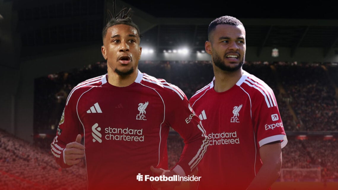 Michael Olise and Cody Gakpo in Liverpool kits at Anfield