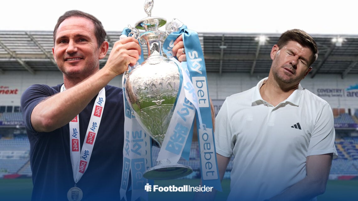 Coventry City manager Frank Lampard lifts the Championship, with Steven Gerrard behind
