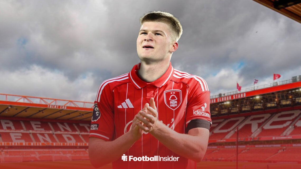 Leicester City midfielder Jordan James in Nottingham Forest shirt