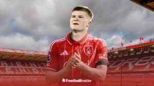 Leicester City midfielder Jordan James in Nottingham Forest shirt