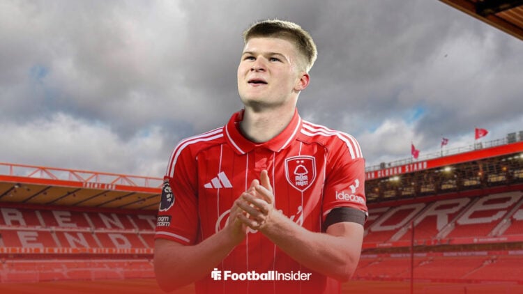 Leicester City midfielder Jordan James in Nottingham Forest shirt