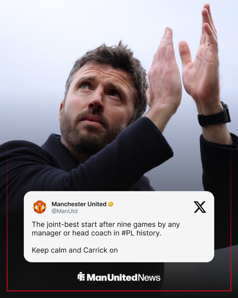 Manchester United interim manager Michael Carrick applauding the supporters, behind a post form the club's official account