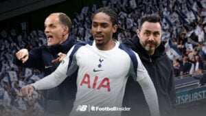 Tottenham right-back Djed Spence with Tottenham manager Roberto De Zerbi and England manager Thomas Tuchel