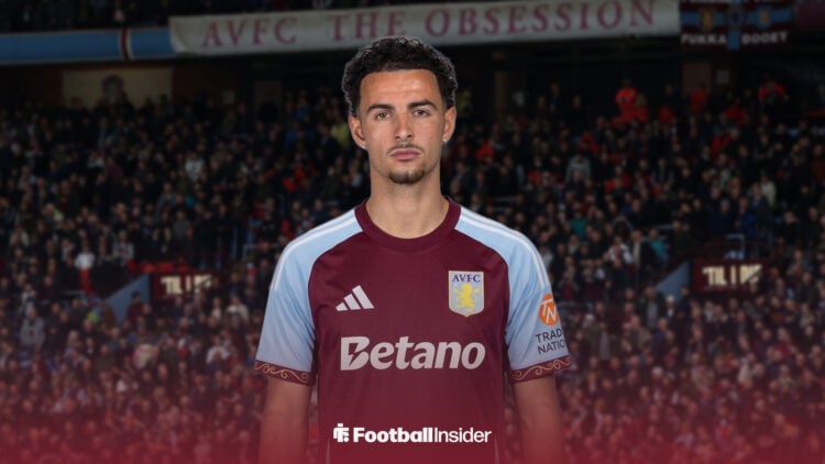 Liverpool midfielder Curtis Jones in an Aston Villa kit against a backdrop of Villa Park.