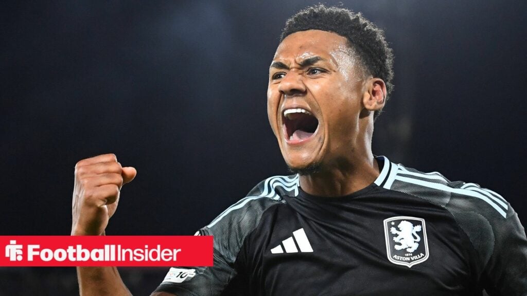 Ollie Watkins celebrates a goal for Aston Villa in their Europa League win over Bologna