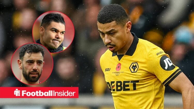 Wolves midfielder Andre with Manchester United midfielders Bruno Fernandes and Casemiro inset